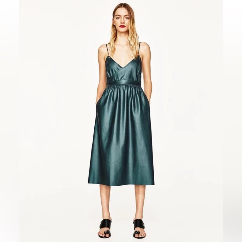 NWT Zara Knit Green Faux Leather Midi Dress